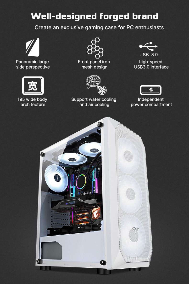 AULA Gaming PC Case FZ004-White Wide Body ATX Gaming Case Water and Air Cooling(图2)