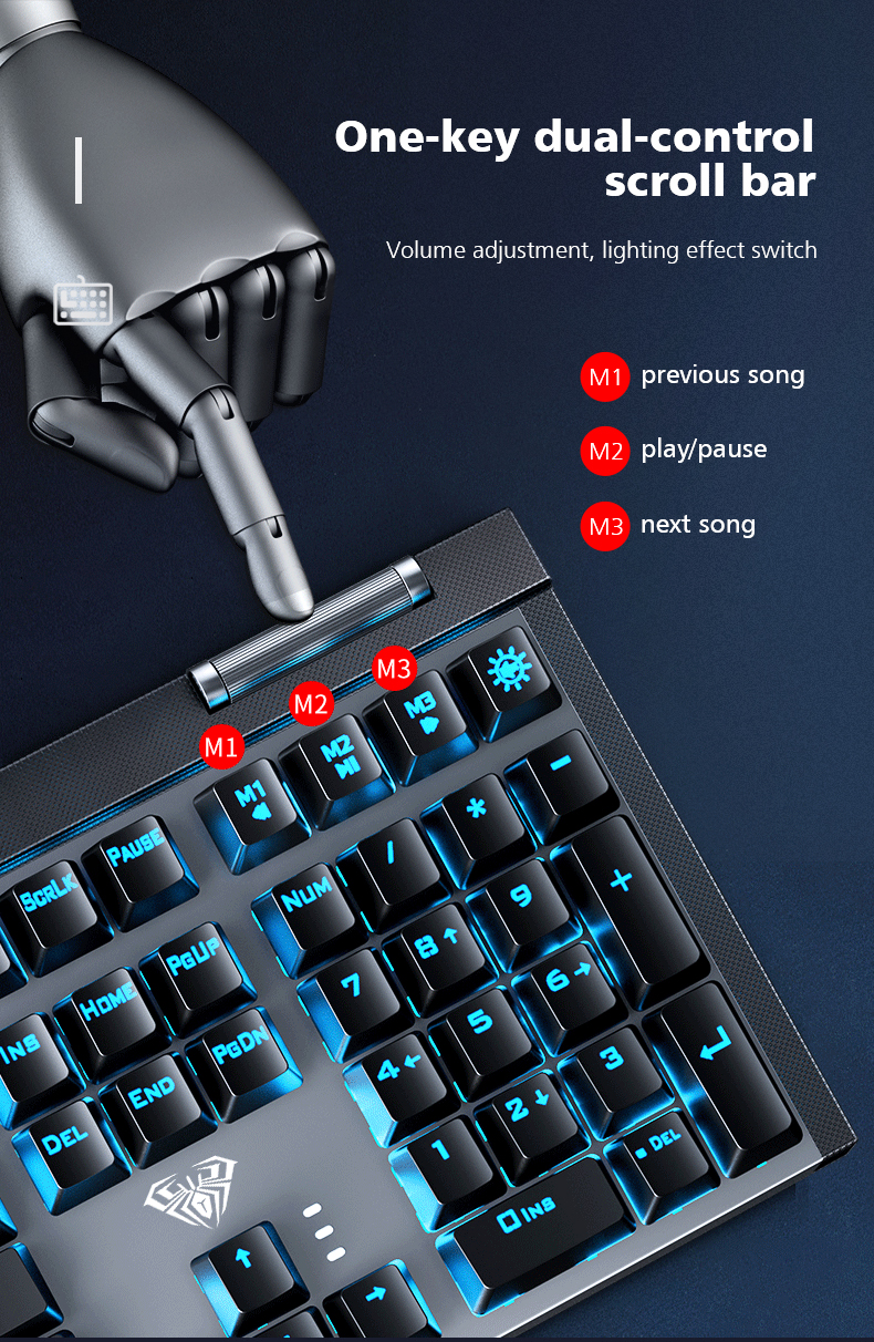 AULA F3030 Two-color Injection Keycaps N-key Rollover  Ice Blue Backlight Wired Gaming Mechanical Keyboard(图3)