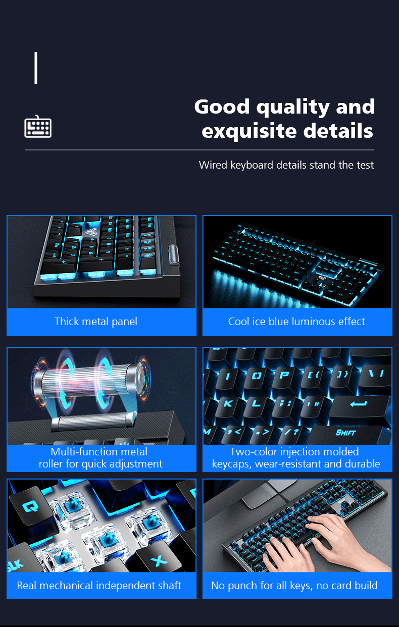 AULA F3030 Two-color Injection Keycaps N-key Rollover  Ice Blue Backlight Wired Gaming Mechanical Keyboard(图4)