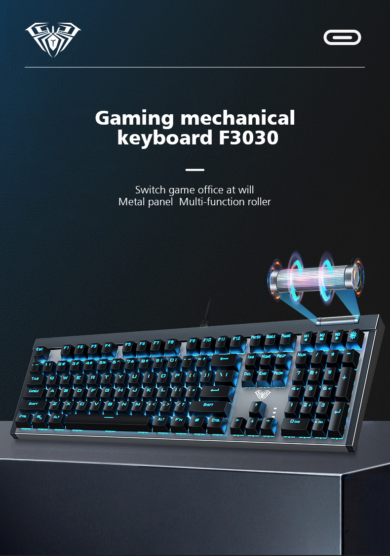 AULA F3030 Two-color Injection Keycaps N-key Rollover  Ice Blue Backlight Wired Gaming Mechanical Keyboard(图1)