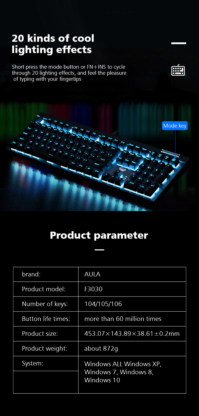 AULA F3030 Two-color Injection Keycaps N-key Rollover  Ice Blue Backlight Wired Gaming Mechanical Keyboard(图12)
