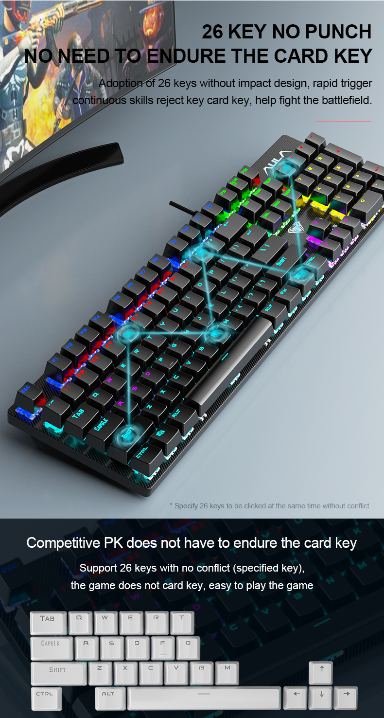 AULA S2022-Cyan full size 104keys Wired Mechanical Keyboards with rainbow backlight for Desktop, Computer, PC(图11)
