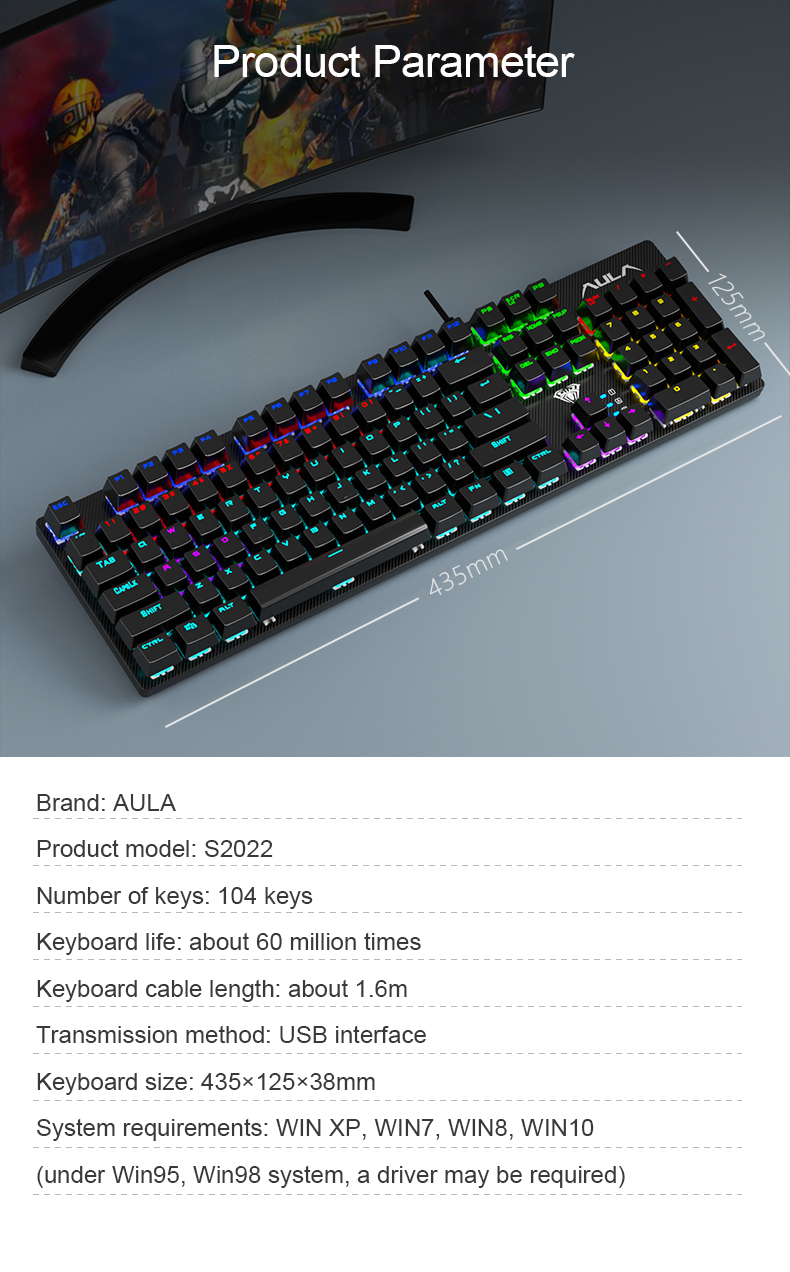 AULA S2022-Cyan full size 104keys Wired Mechanical Keyboards with rainbow backlight for Desktop, Computer, PC(图14)