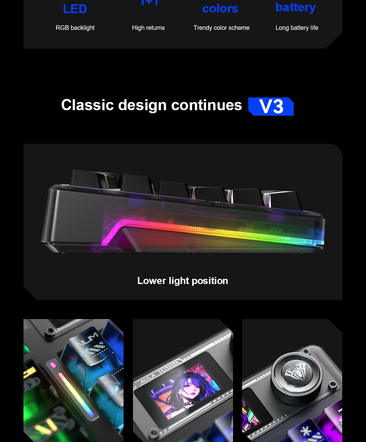 AULA F98PRO V3 Tri-Mode Smart Screen Customizable Keyboard(图4)