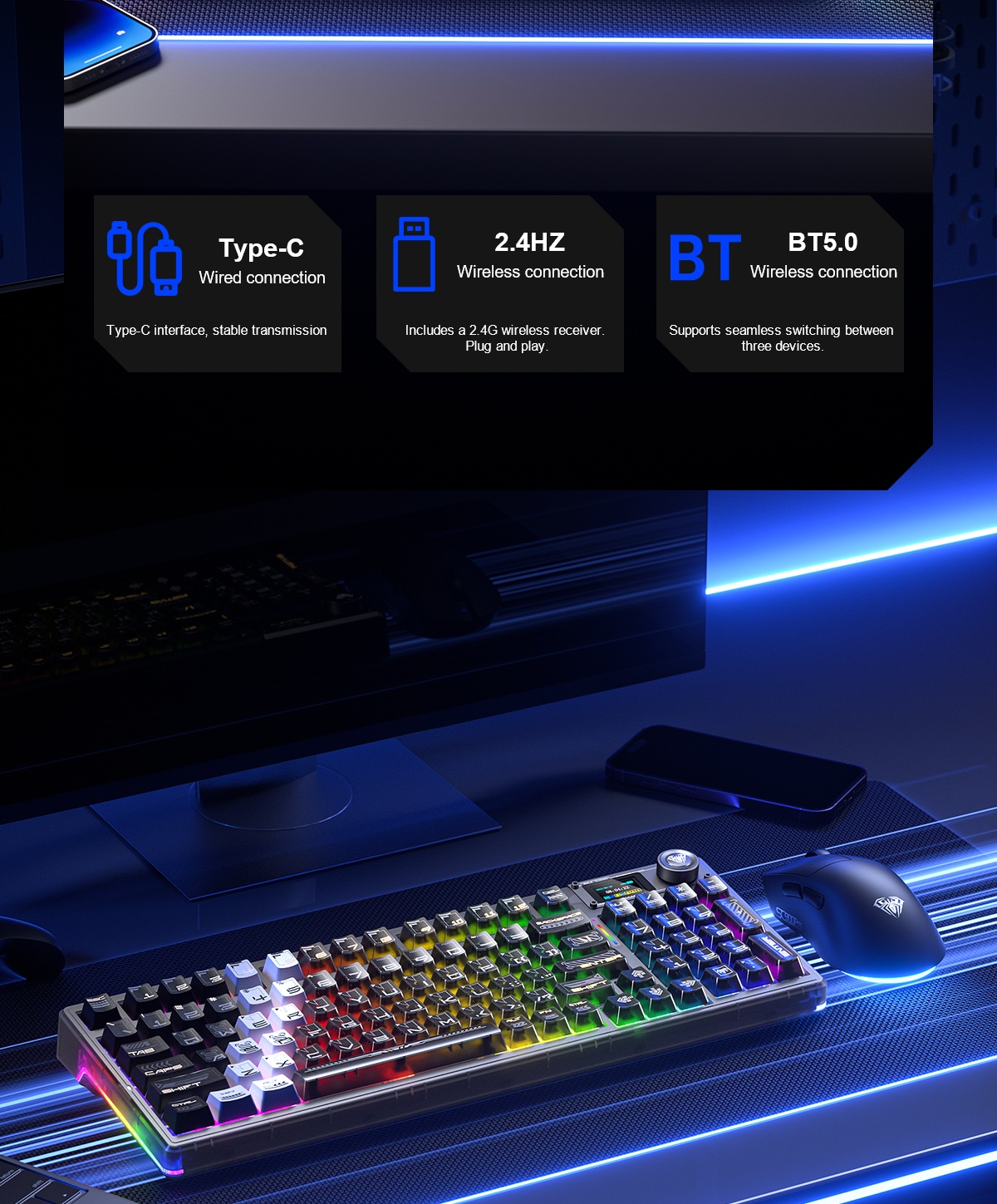 AULA F98PRO V3 Tri-Mode Smart Screen Customizable Keyboard(图9)
